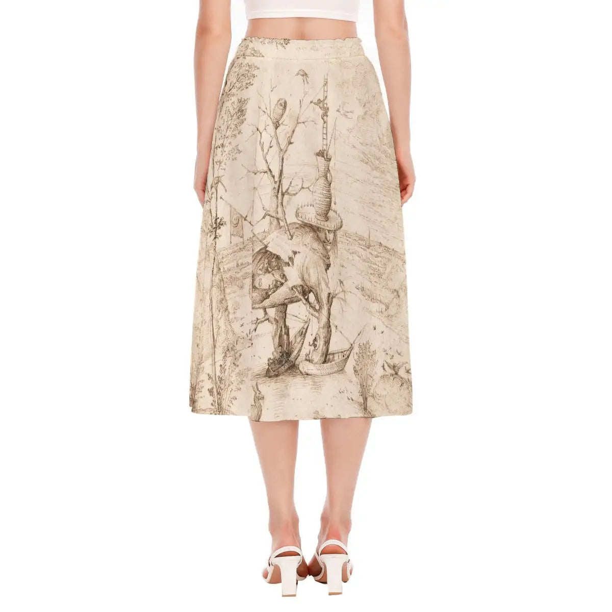 Back view of Hieronymus Bosch Skirt displaying continuous wrap-around pattern that showcases the strange boat-footed creature