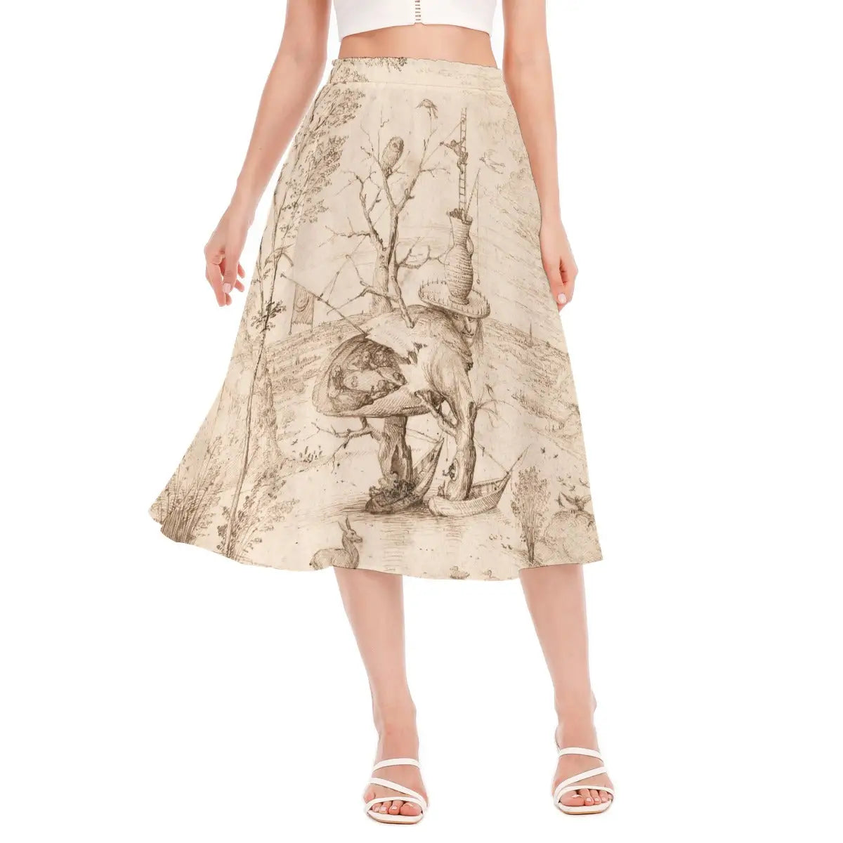 The Tree Man by Hieronymus Bosch Chiffon Skirt front view showing the detailed hybrid creature with hollow torso and tree-like limbs