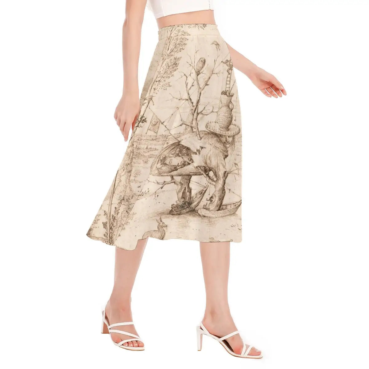 Woman wearing Hieronymus Bosch Tree Man Chiffon Skirt with black blouse in art museum setting