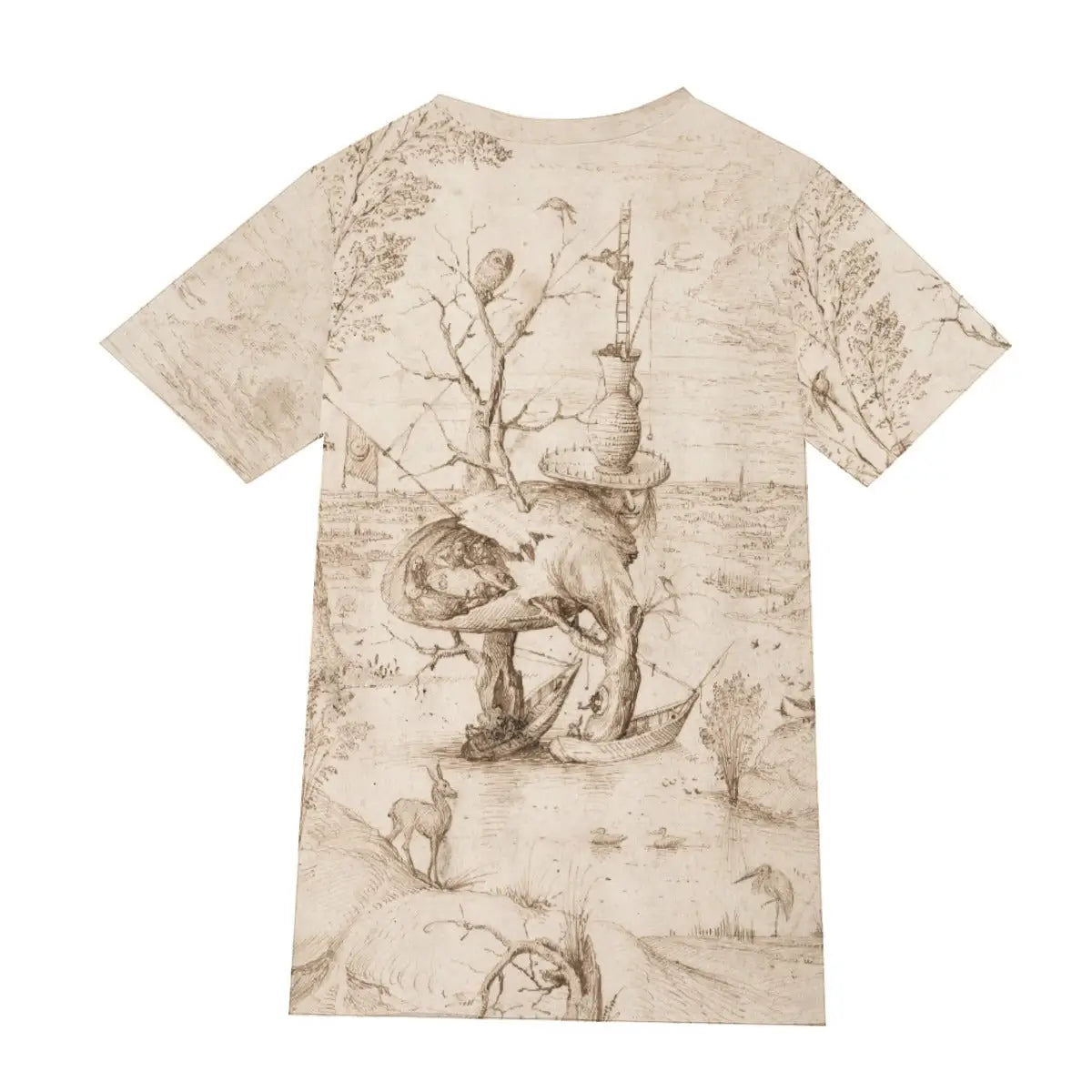 Back view of 190GSM cotton T-shirt showing the continuation of the rich color palette and bizarre details of Bosch's hellish landscape, demonstrating the seamless print quality that captures the full complexity of this 16th-century visionary art
