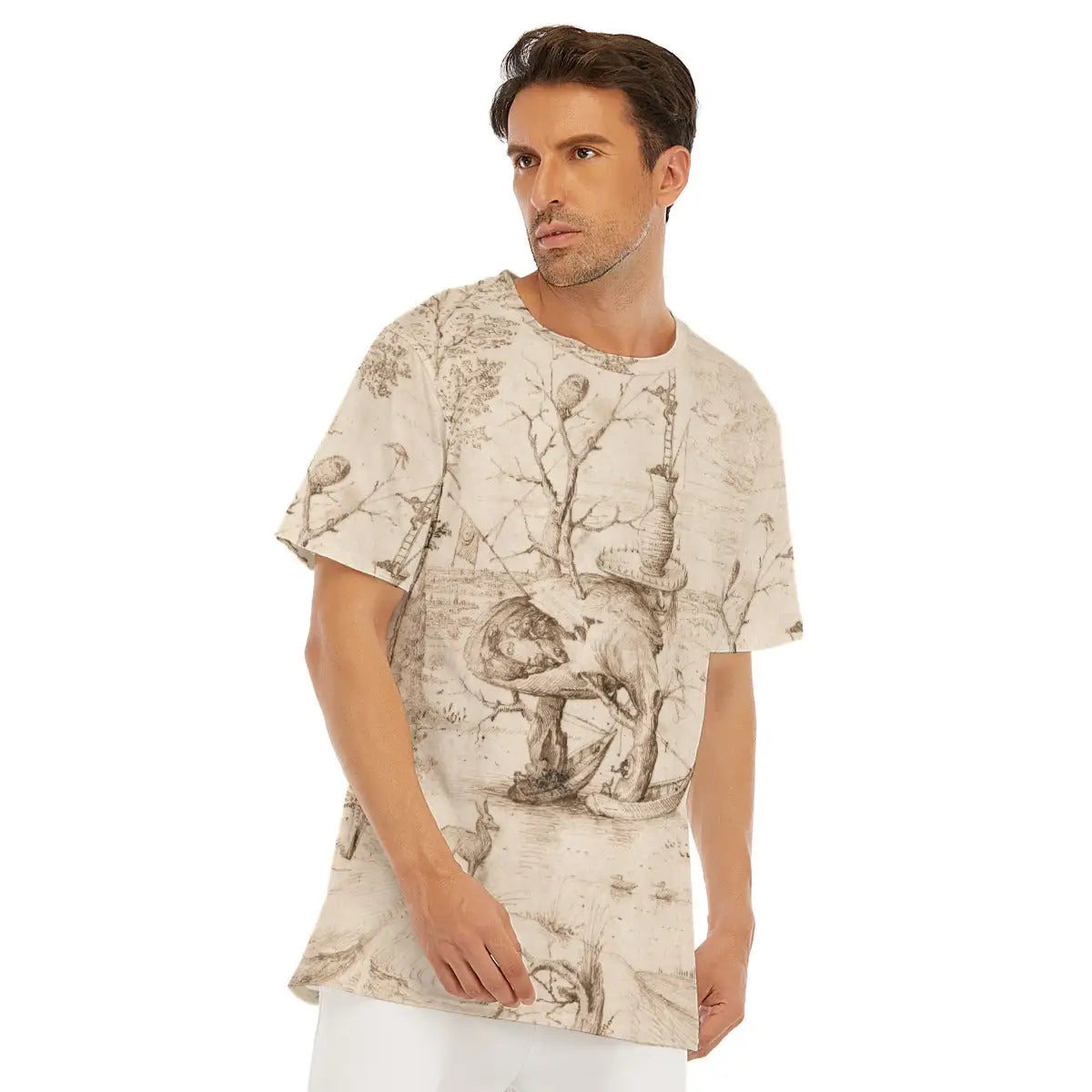 Detail of round neckline and shoulder on The Tree Man T-shirt, highlighting how Bosch's distinctive medieval color palette and fantastical imagery flow naturally across different parts of the premium cotton material