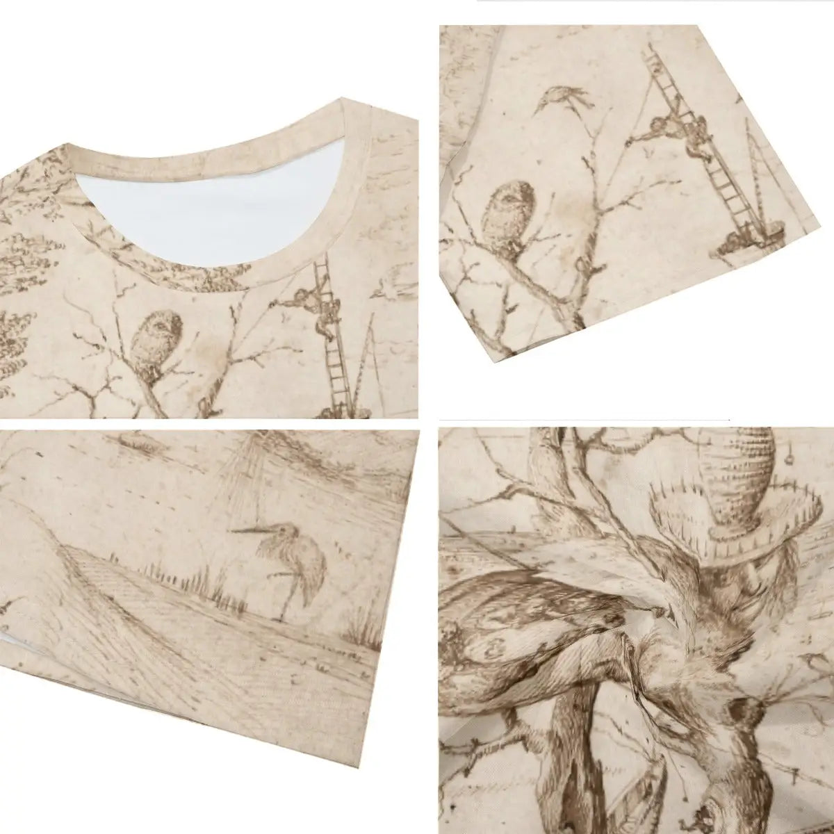 Close-up detail of high-quality printing on 100% cotton Tree Man T-shirt, showcasing the intricate tavern scene inside the hollow trunk and the extraordinary hybrid qualities of Bosch's fantastical creation