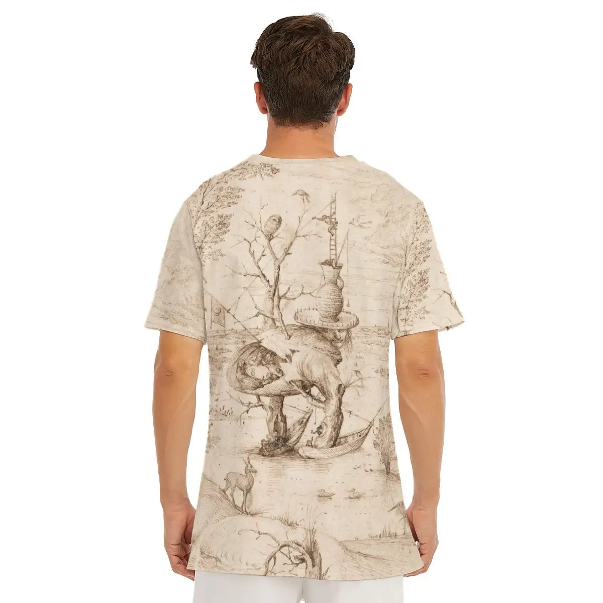 T-shirt featuring Bosch's enigmatic Tree Man, highlighting the classic round neckline and how this medieval fantasy figure creates a striking contemporary fashion statement