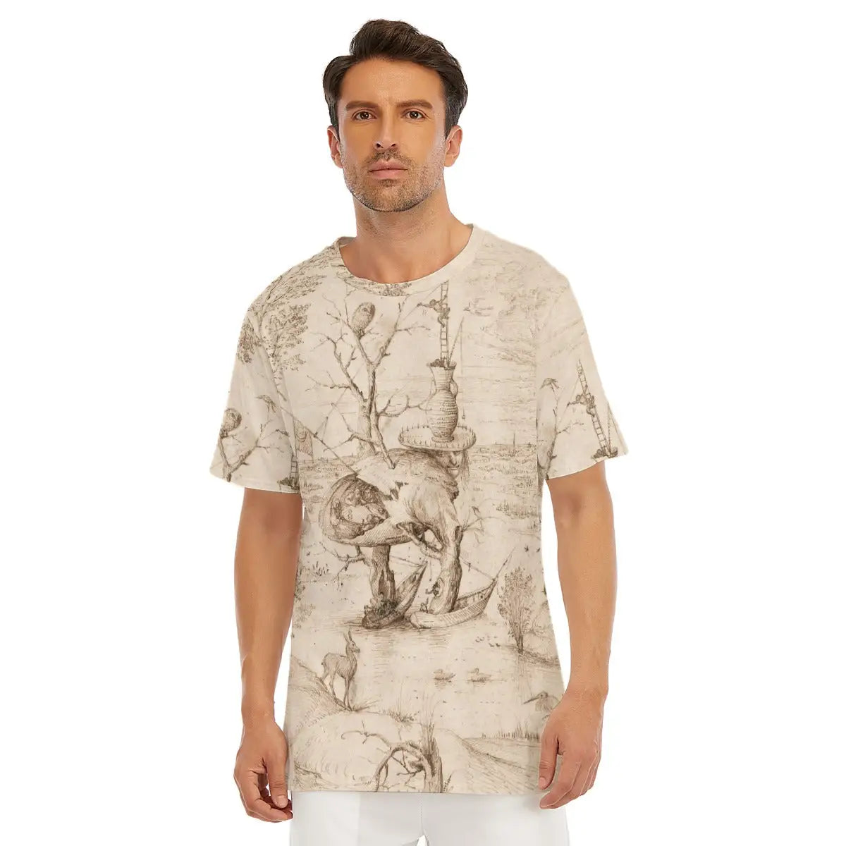 Male model wearing The Tree Man by Hieronymus Bosch All-Over Print T-shirt showcasing the bizarre hollow-bodied creature with its tree-like torso and haunting face from The Garden of Earthly Delights