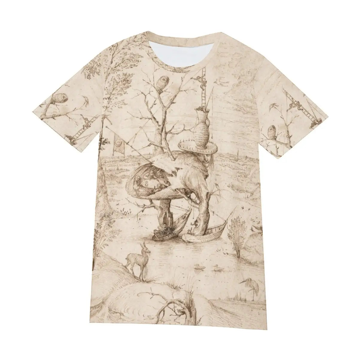 Front view of unisex medieval art T-shirt displaying the complete composition of Bosch's Tree Man, with its boat-shaped feet, withered limbs, and circular platform crown creating an otherworldly visual impact