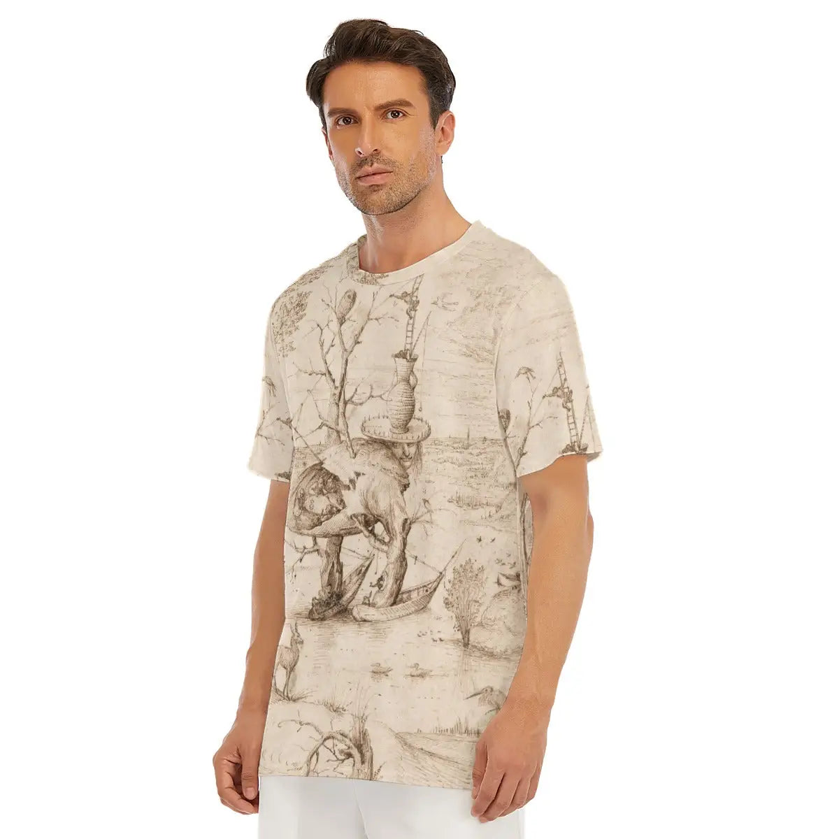 Hieronymus Bosch T-shirt laid flat, displaying the entire Tree Man figure, premium craftsmanship, and natural texture of the 100% cotton fabric that enhances the otherworldly quality of the reproduced artwork