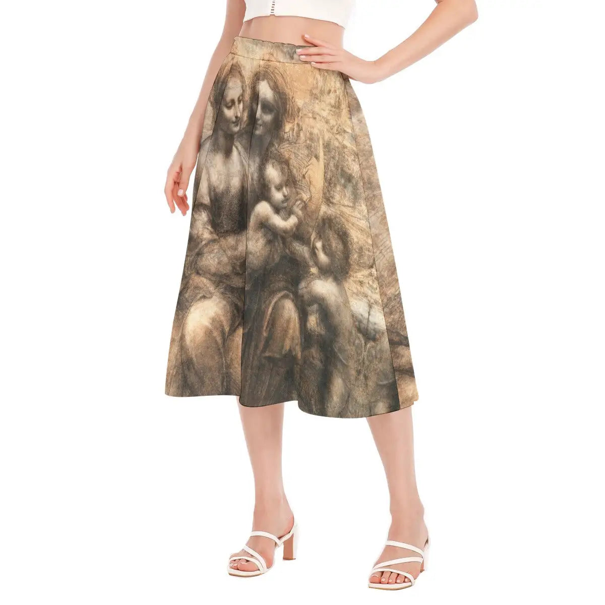The Virgin and Child with Saint Anne skirt fabric movement captured mid-twirl showing how the recycled polyester chiffon flows while displaying the full pyramidal composition of Leonardo's tender family scene.