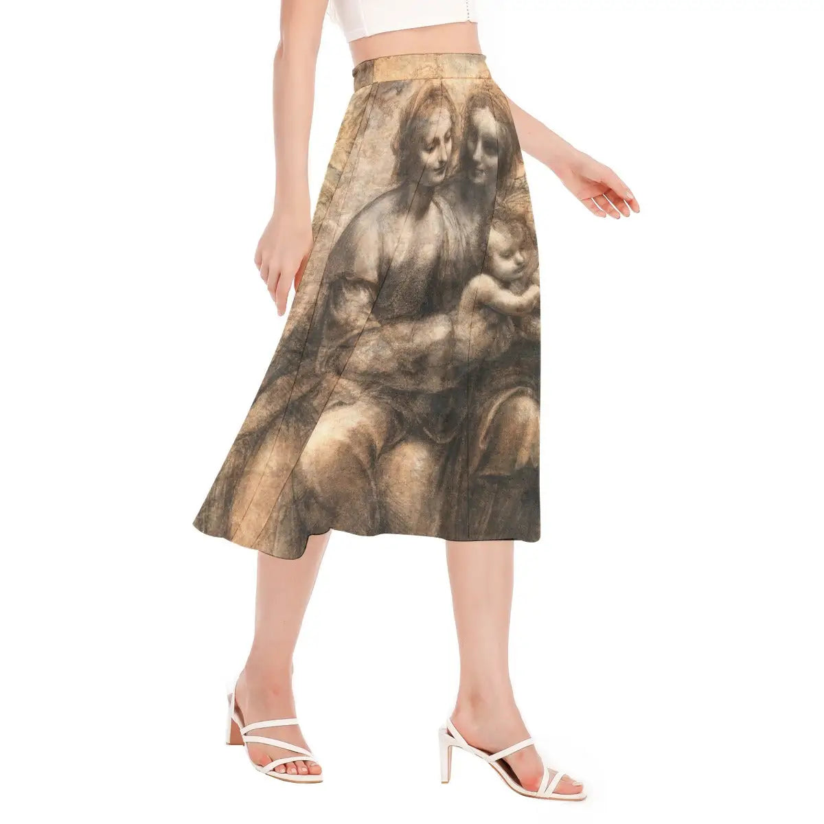 Close-up view of Leonardo's Virgin and Child with Saint Anne artwork printed on sustainable chiffon fabric showing the detailed rendering of the three generations - Saint Anne, the Virgin Mary, and infant Jesus with the lamb.