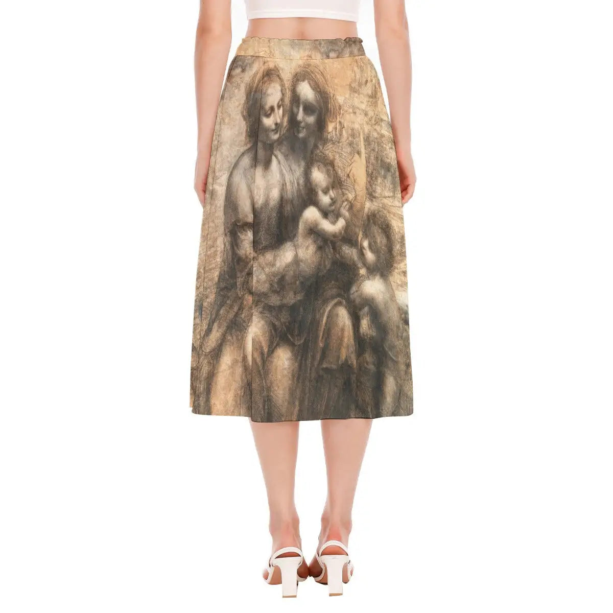 Back view of eco-conscious artistic skirt featuring Leonardo's Renaissance painting showing how the design wraps around the garment creating a continuous visual narrative of familial tenderness.