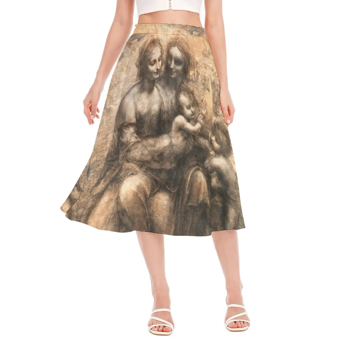Woman wearing The Virgin and Child with Saint Anne by Leonardo da Vinci recycled polyester chiffon skirt with the Renaissance masterpiece clearly visible against natural light.