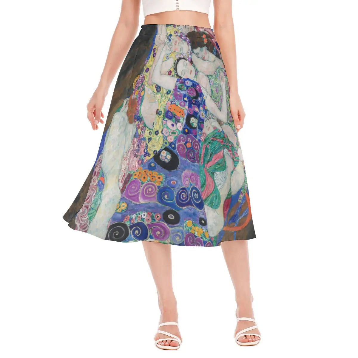 The Virgin by Gustav Klimt Chiffon Skirt front view showing vibrant swirling patterns and feminine figures in dreamlike arrangement