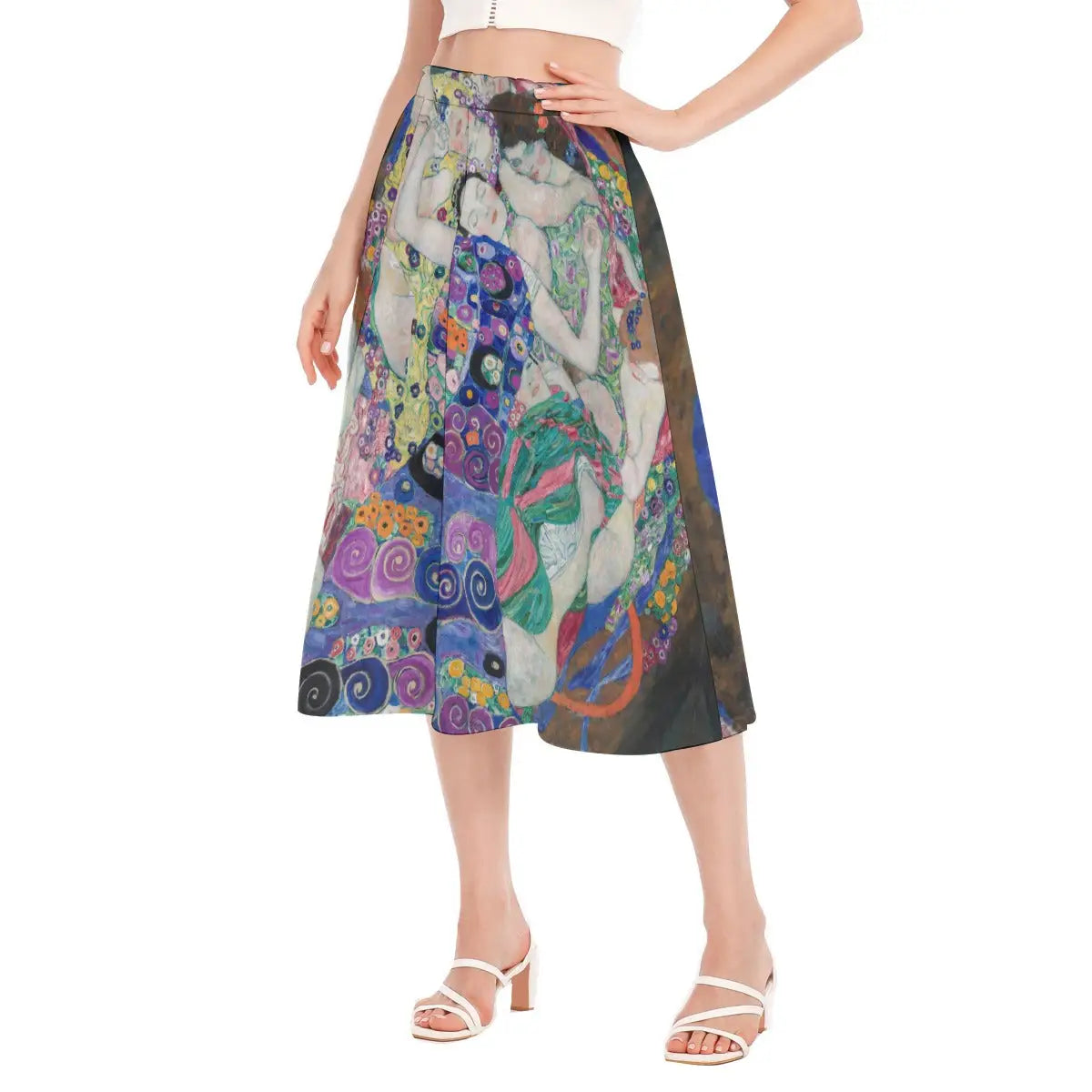 The Virgin Skirt styled with gold art deco jewelry and simple top for elegant museum opening event
