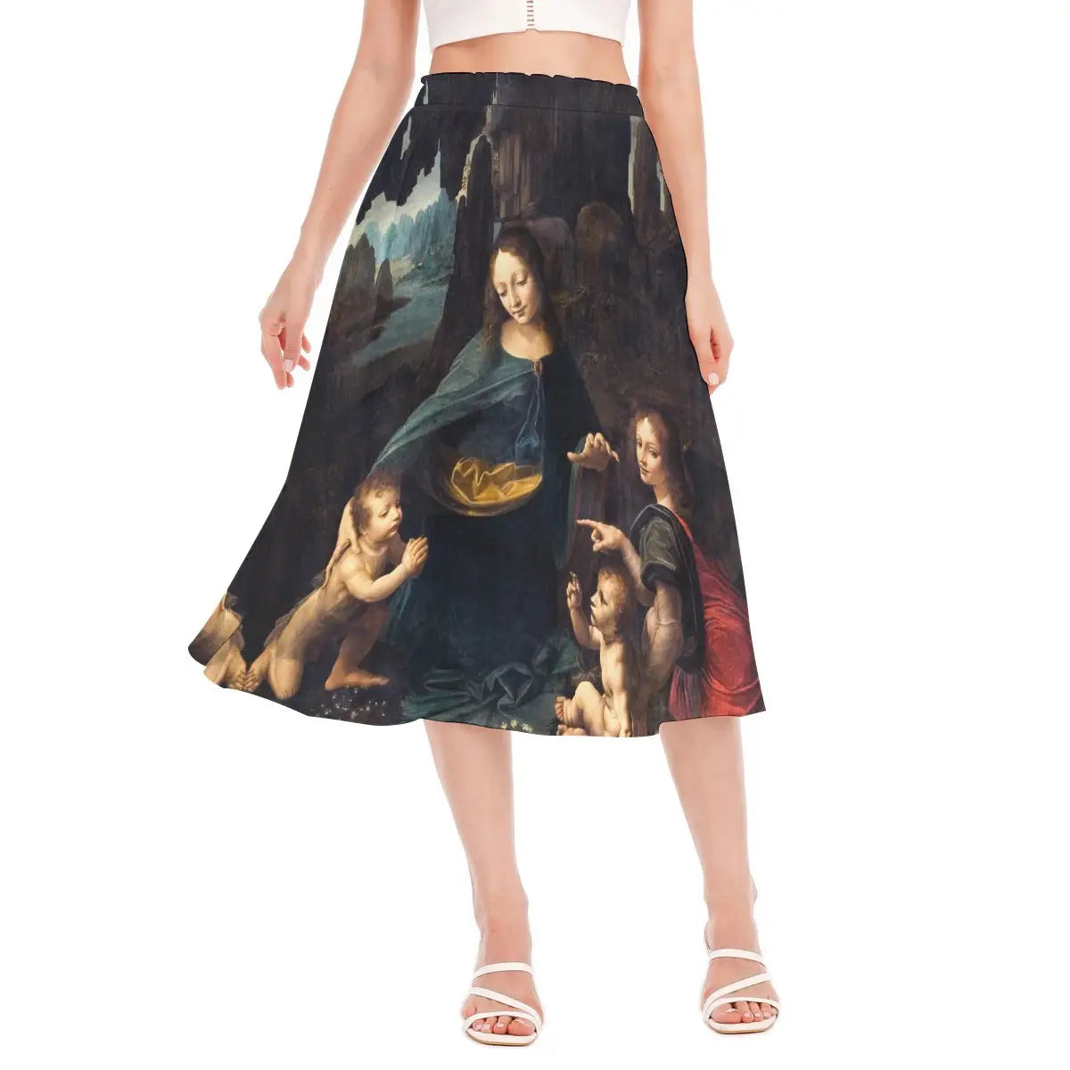 The Virgin of the Rocks by Da Vinci Chiffon Skirt front view showing the detailed pyramidal composition of the Virgin Mary, Christ Child, infant John the Baptist, and angel
