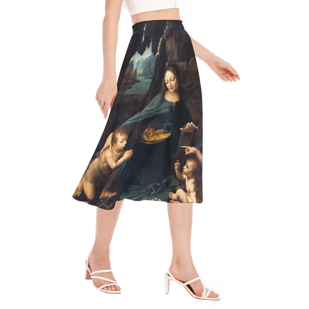 Woman wearing Da Vinci Virgin of the Rocks Chiffon Skirt with deep blue blouse in art museum setting