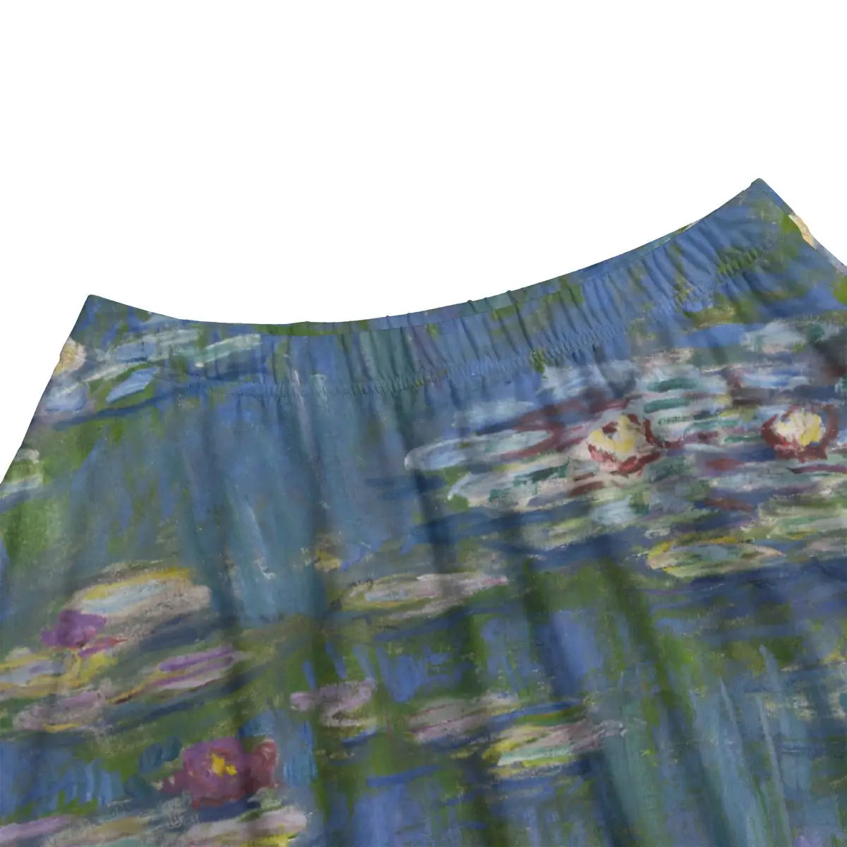 Close-up of delicate water lilies and subtle color reflections from Monet's aquatic masterpiece beautifully rendered on premium fabric