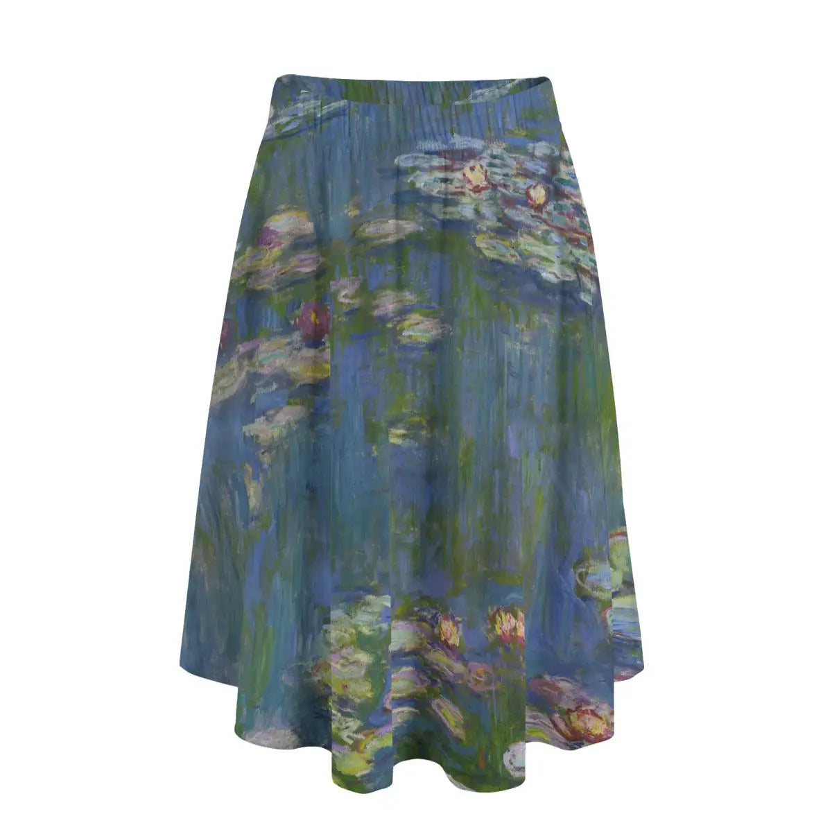 Woman wearing Claude Monet's Water Lilies long maxi skirt showing the serene pond scene against simple sky blue blouse