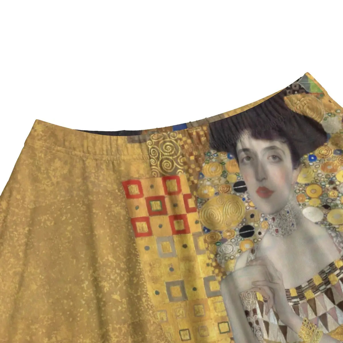 Close-up of intricate golden spirals and geometric forms from Klimt's masterpiece beautifully rendered on quality fabric