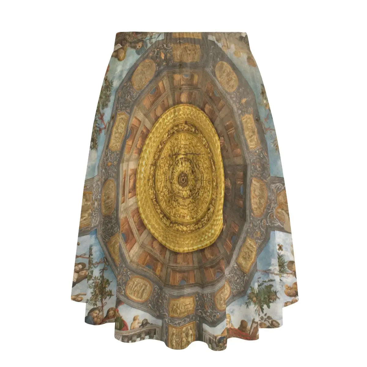 Back view of Ferrara Palace-inspired maxi skirt showing how the allegorical narrative wraps completely around the garment