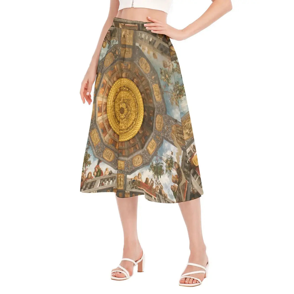 Treasure Room Fresco Skirt styled with black turtleneck and gold renaissance-inspired jewelry for elegant museum opening event