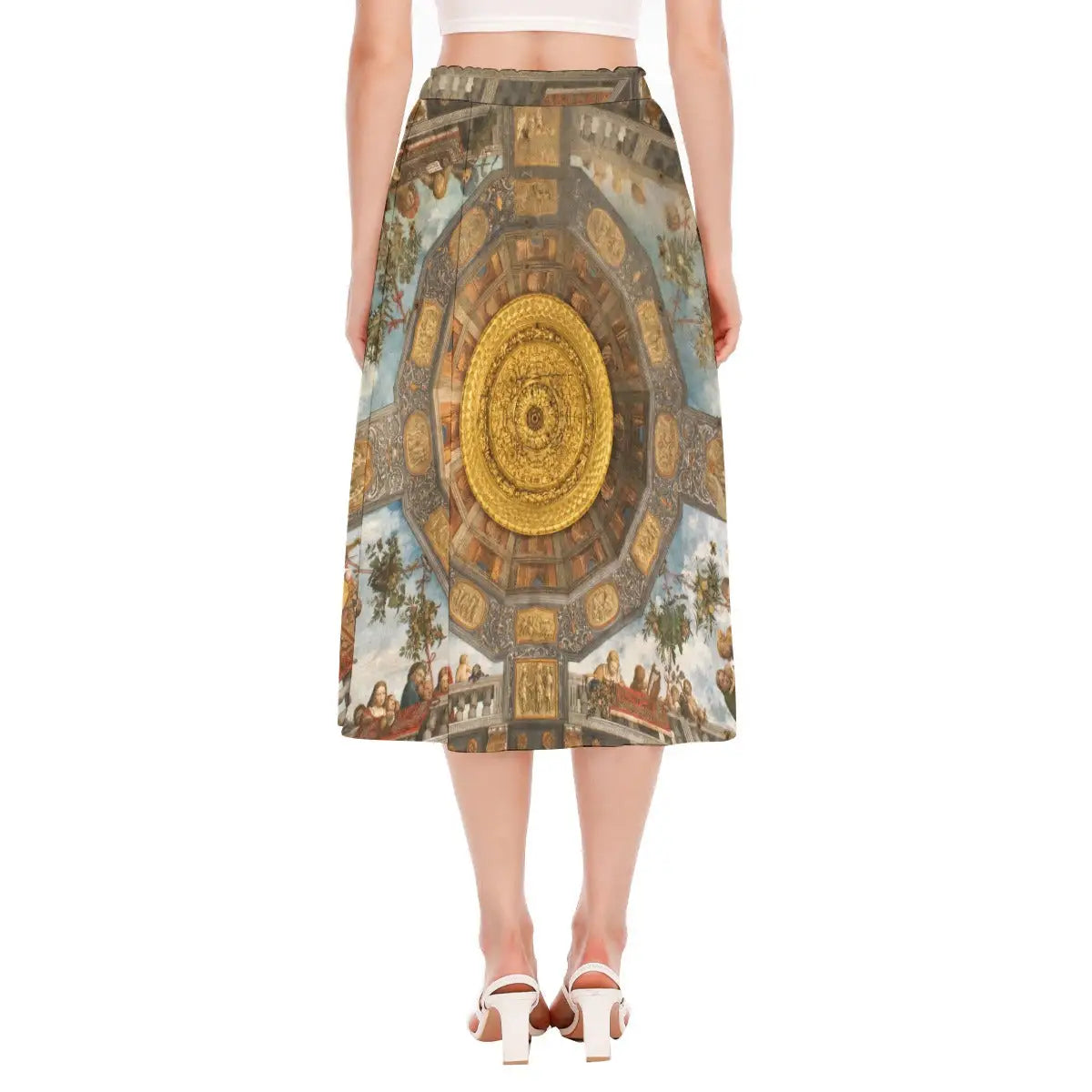 Back view of Benvenuto Tisi Skirt displaying continuous wrap-around pattern that captures full fresco scene from Palazzo Costabili
