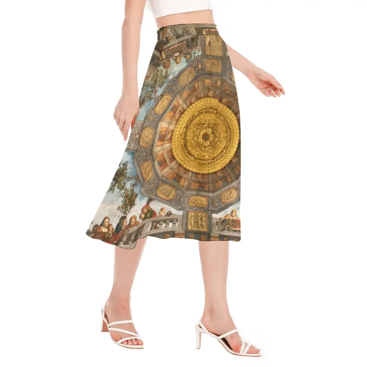 Woman wearing Benvenuto Tisi Treasure Room Fresco Chiffon Skirt with white blouse in museum gallery setting
