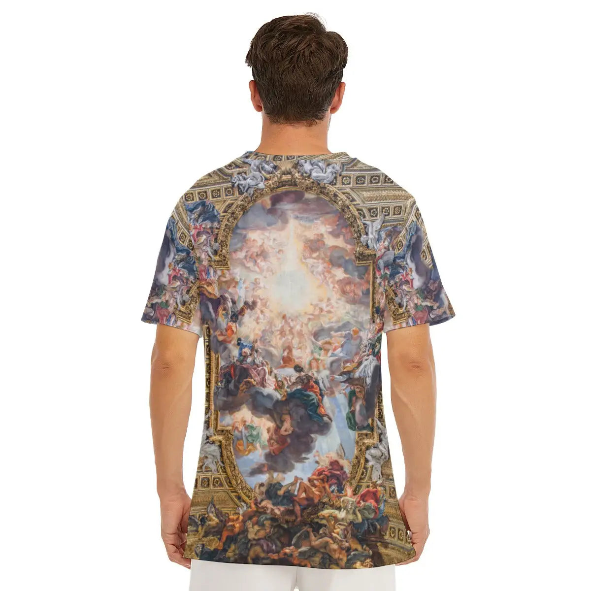Model in premium 190GSM cotton T-shirt featuring Gaulli's celestial ceiling fresco from Rome's Church of the Gesù, highlighting the classic round neckline and balanced composition of the artwork