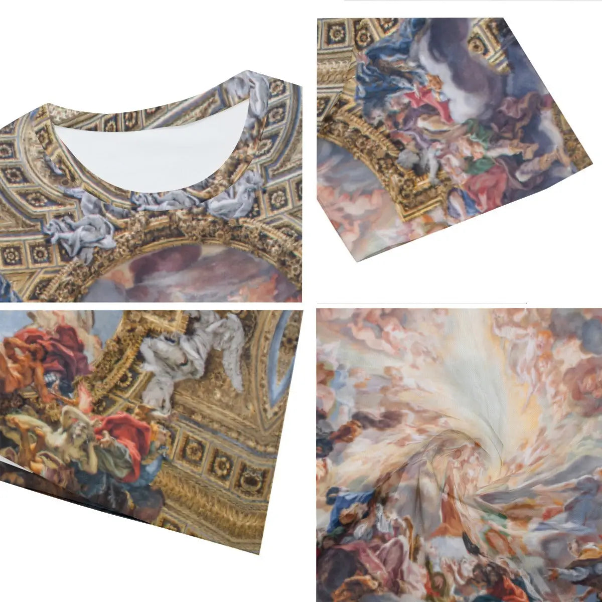 Close-up detail of high-quality printing on 100% cotton Triumph of the Name of Jesus T-shirt, showcasing the intricate angels, saints, and dramatic lighting effects of Gaulli's trompe-l'œil technique