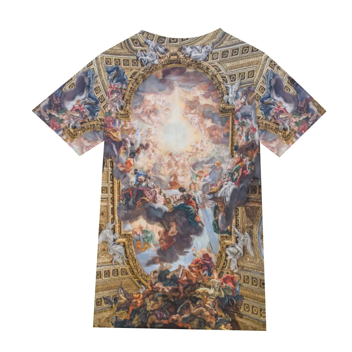 Back view of 190GSM cotton T-shirt showing the continuation of Gaulli's celestial fresco, demonstrating the seamless 360-degree print quality that captures the full glory of the Church of the Gesù ceiling
