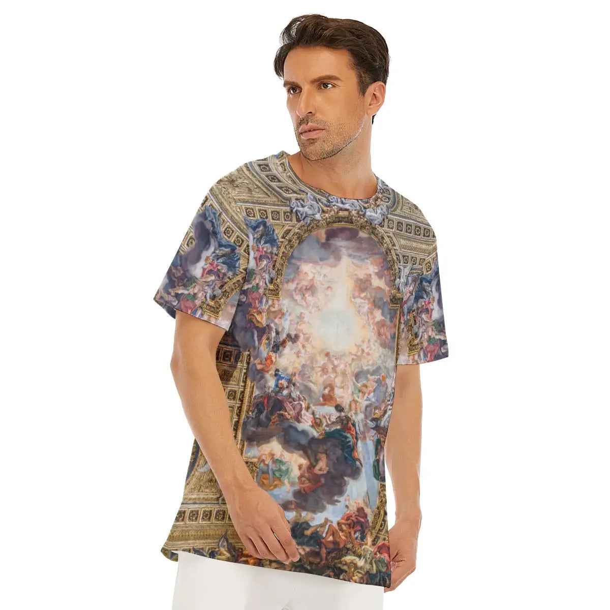 Detail of round neckline and shoulder on the Triumph of the Name of Jesus T-shirt, highlighting how the golden divine light and angelic figures flow naturally across different parts of the premium cotton material