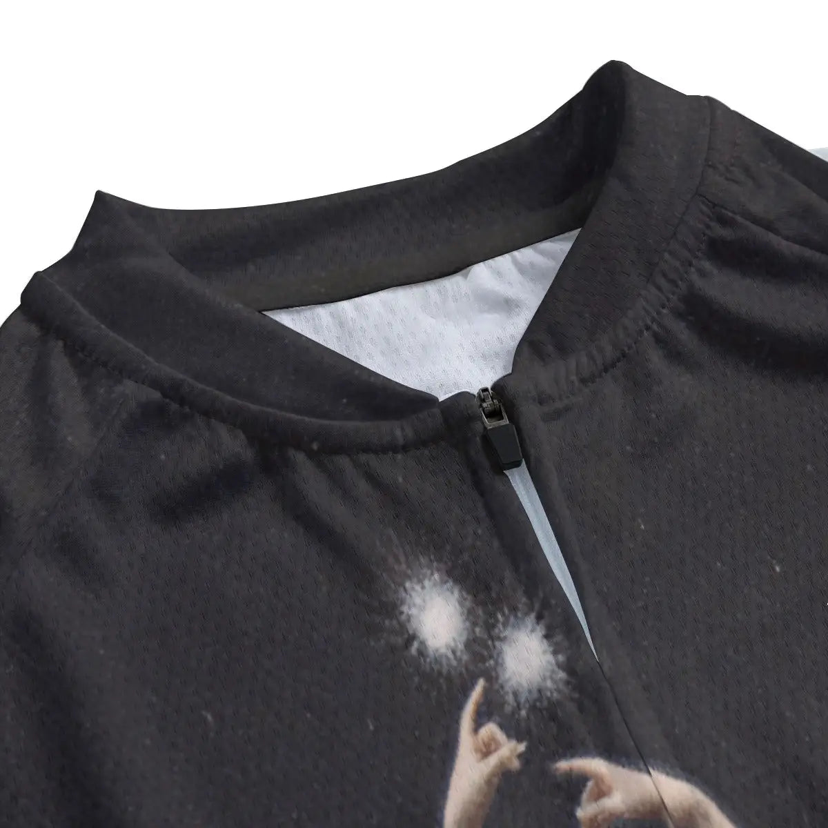 Close-up of secure non-slip rubber hem on astronomical art cycling jersey maintaining position during cosmic ride