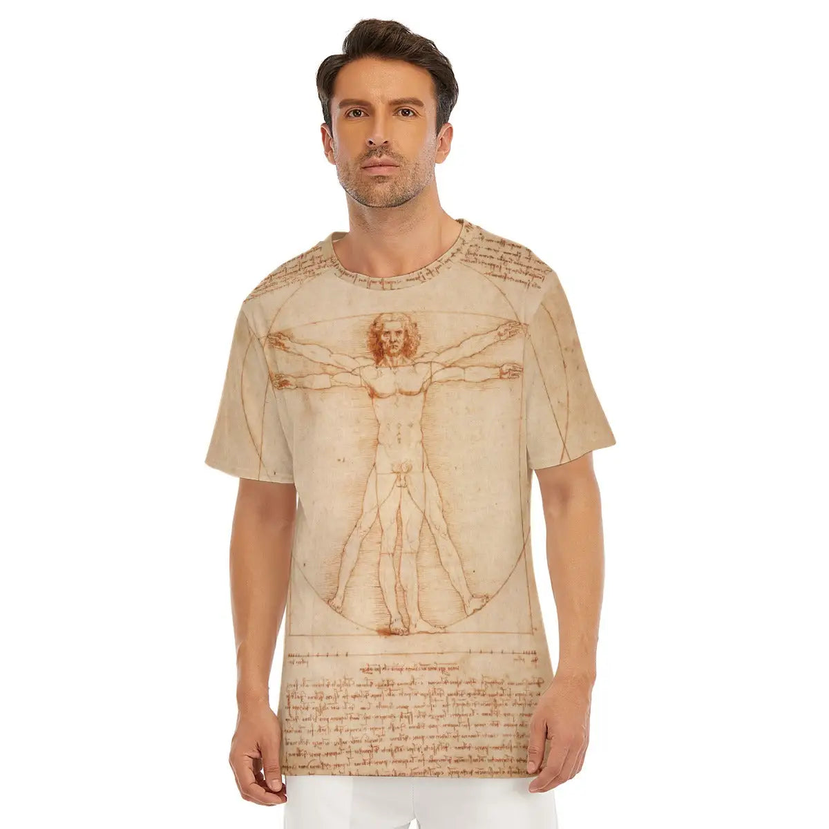 Male model wearing the Vitruvian Man by Leonardo Da Vinci All-Over Print T-shirt showcasing the iconic drawing of perfect human proportions with the figure inscribed in both a circle and square