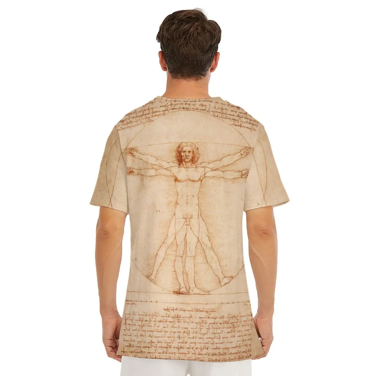 Cotton T-shirt featuring Leonardo's Vitruvian Man masterpiece, highlighting the classic round neckline and how the scientific drawing elegantly wraps around the garment
