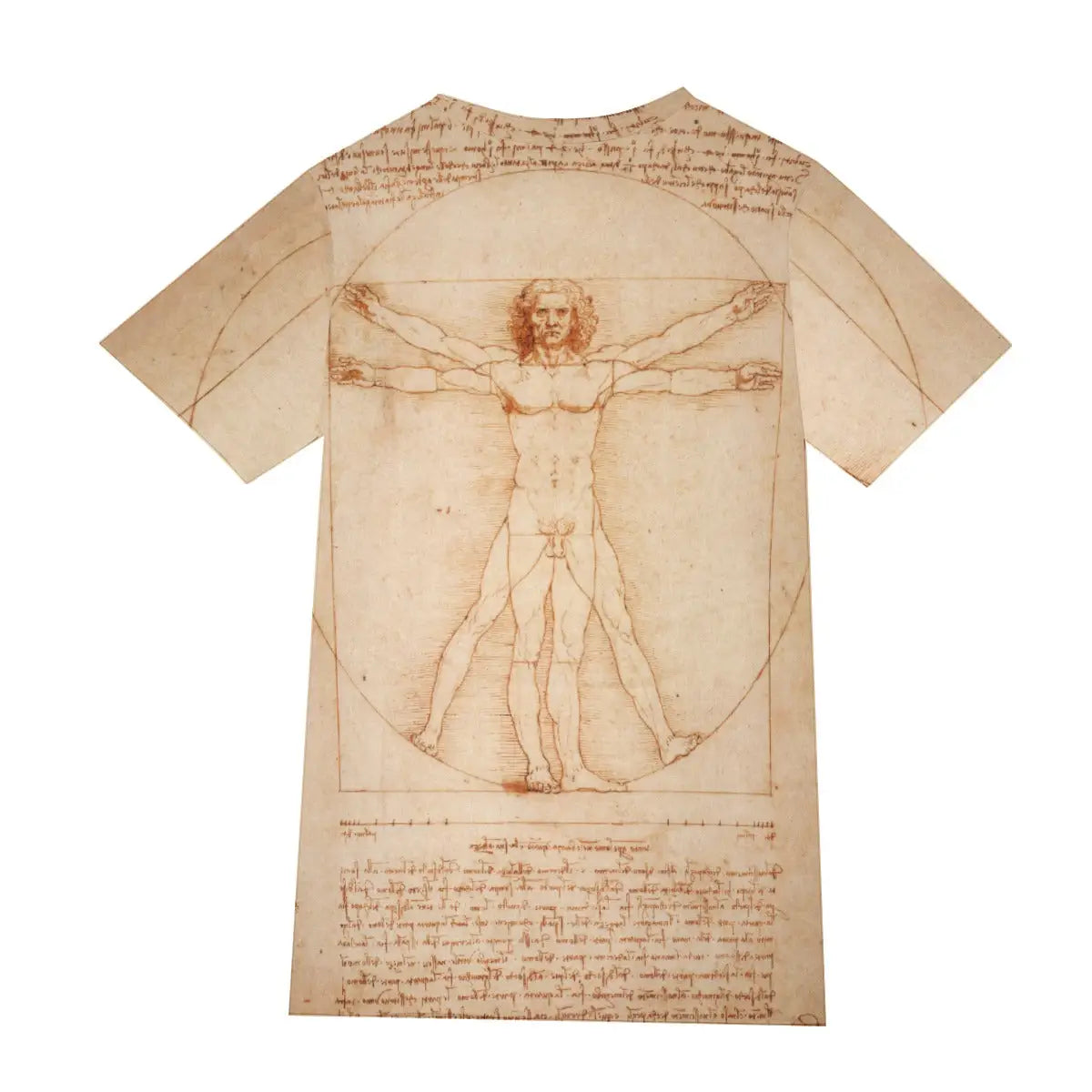 Back view of 190GSM cotton T-shirt showing the continuation of Da Vinci's mathematical study of proportions, demonstrating the seamless 360-degree print quality that captures the full complexity of the anatomical masterpiece