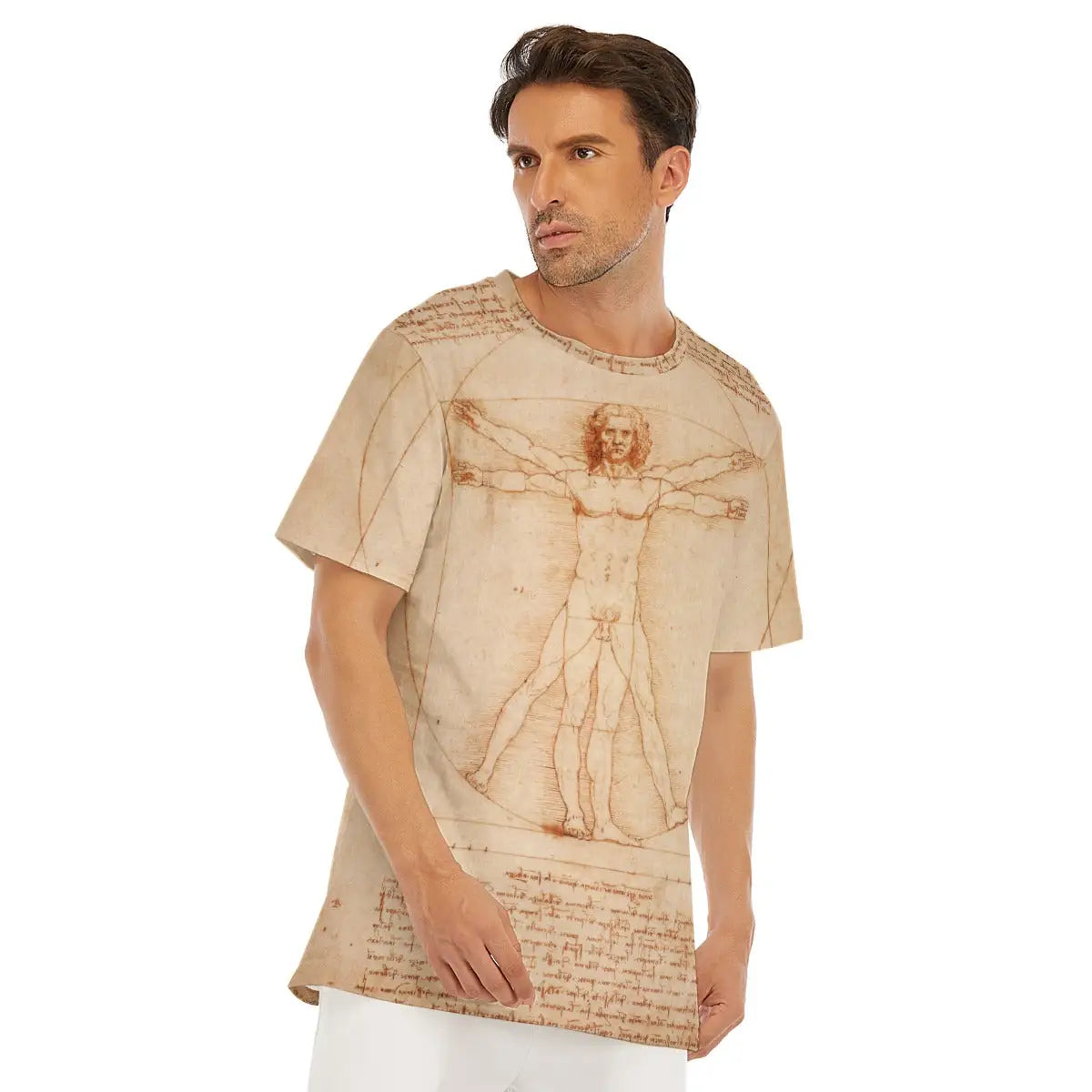 Detail of round neckline and shoulder on the Vitruvian Man T-shirt, highlighting how Leonardo's subtle sepia tones and precise line work flow naturally across different parts of the premium cotton material