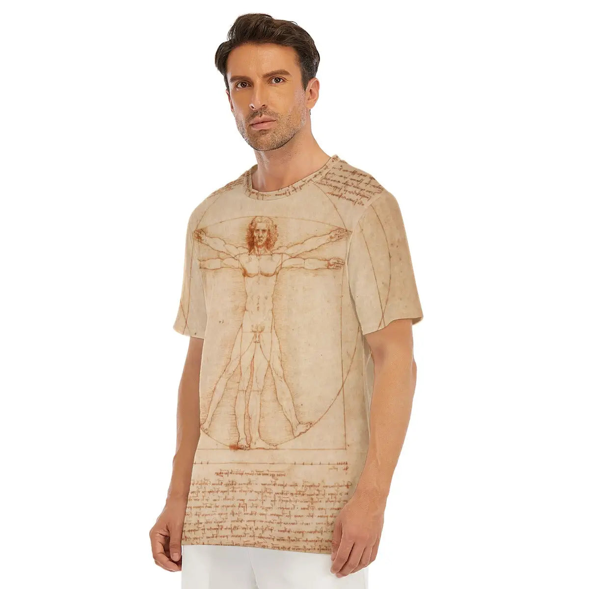 Leonardo Da Vinci T-shirt laid flat, displaying the entire Renaissance drawing, premium craftsmanship, and natural texture of the 100% cotton fabric that enhances the scholarly quality of the reproduced artwork