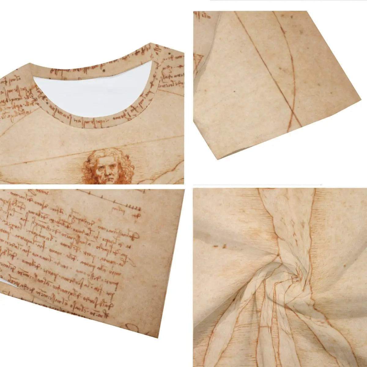 Close-up detail of high-quality printing on 100% cotton Vitruvian Man T-shirt, showcasing the precise anatomical details, delicate shading techniques, and Da Vinci's mirror-written notes that demonstrate his artistic and scientific mastery