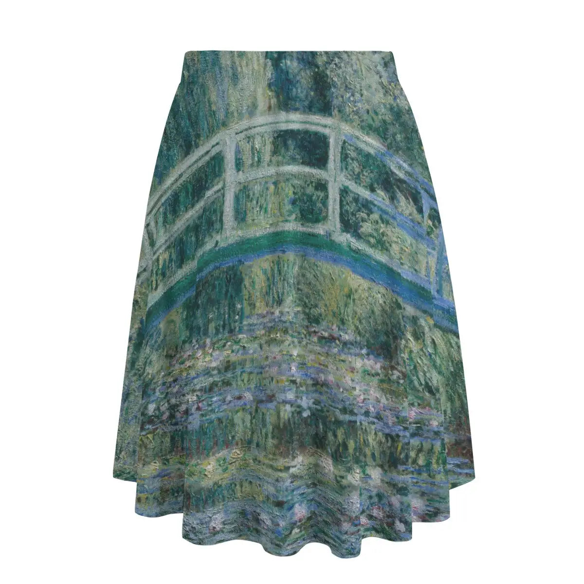Back view of Giverny-inspired maxi skirt showing how the Japanese bridge and water garden wrap completely around the garment