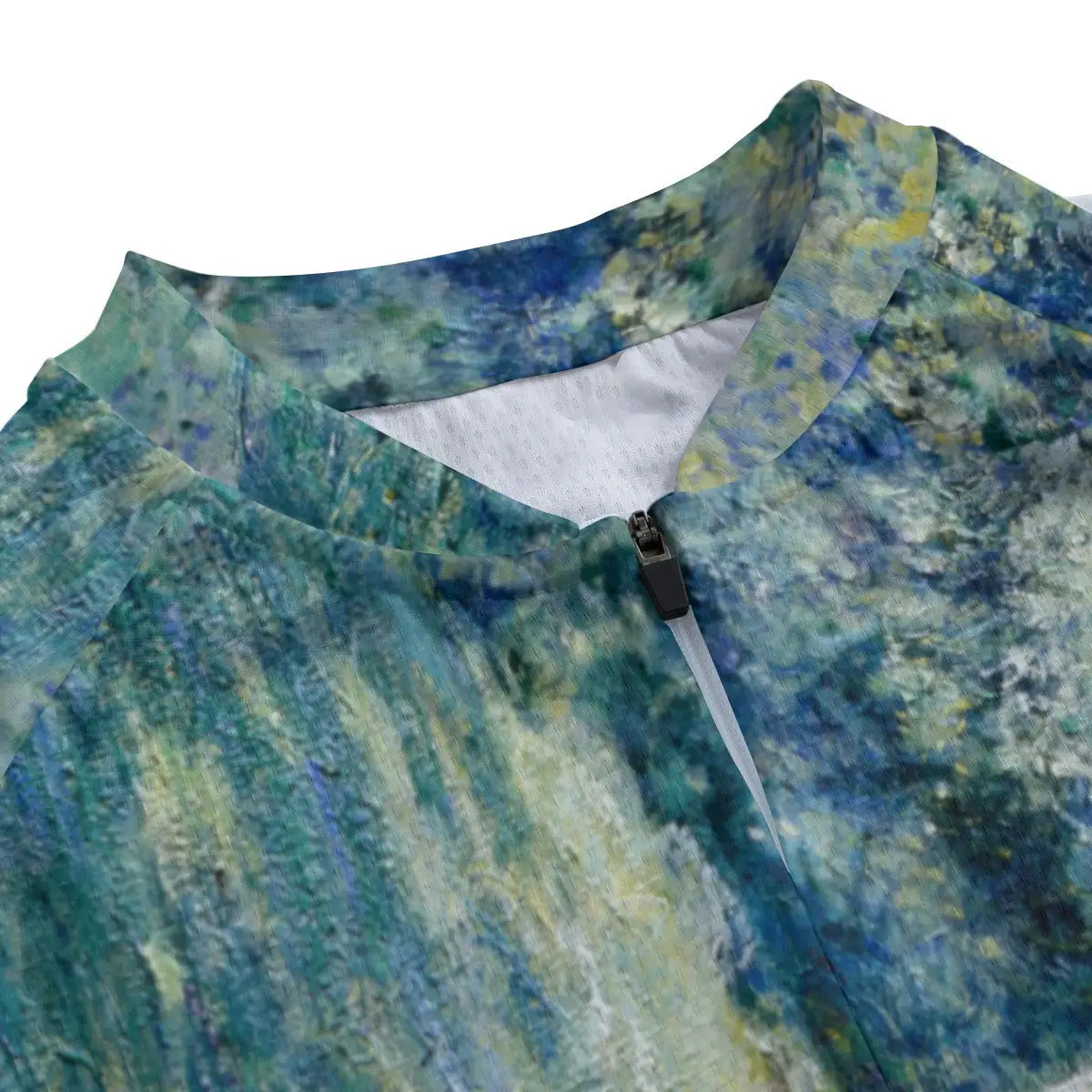 Detailed view of Monet's curved Japanese bridge and shimmering lily ponds reproduced on women's cycling jersey