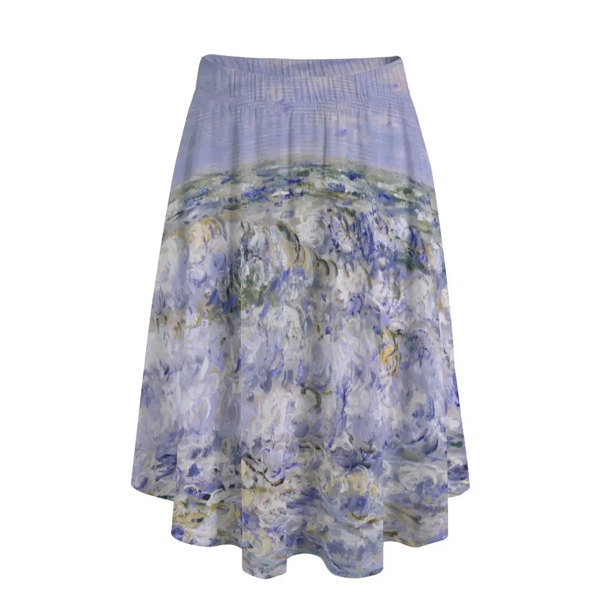 Woman wearing Claude Monet's Waves Breaking long maxi skirt showing the dynamic coastal scene against simple white blouse