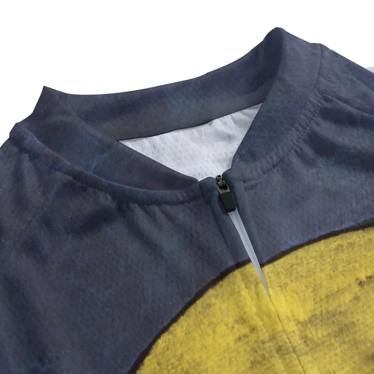 Close-up of secure non-slip rubber hem on Bauhaus art cycling jersey maintaining position during playful ride