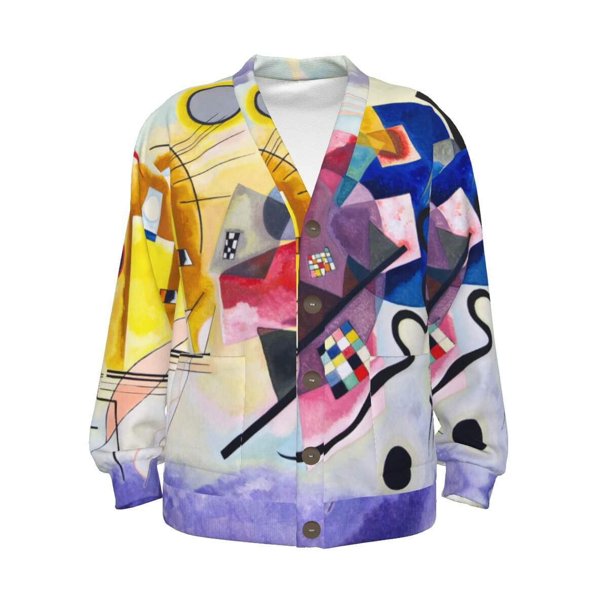 Vibrant Kandinsky-inspired fleece cardigan on display