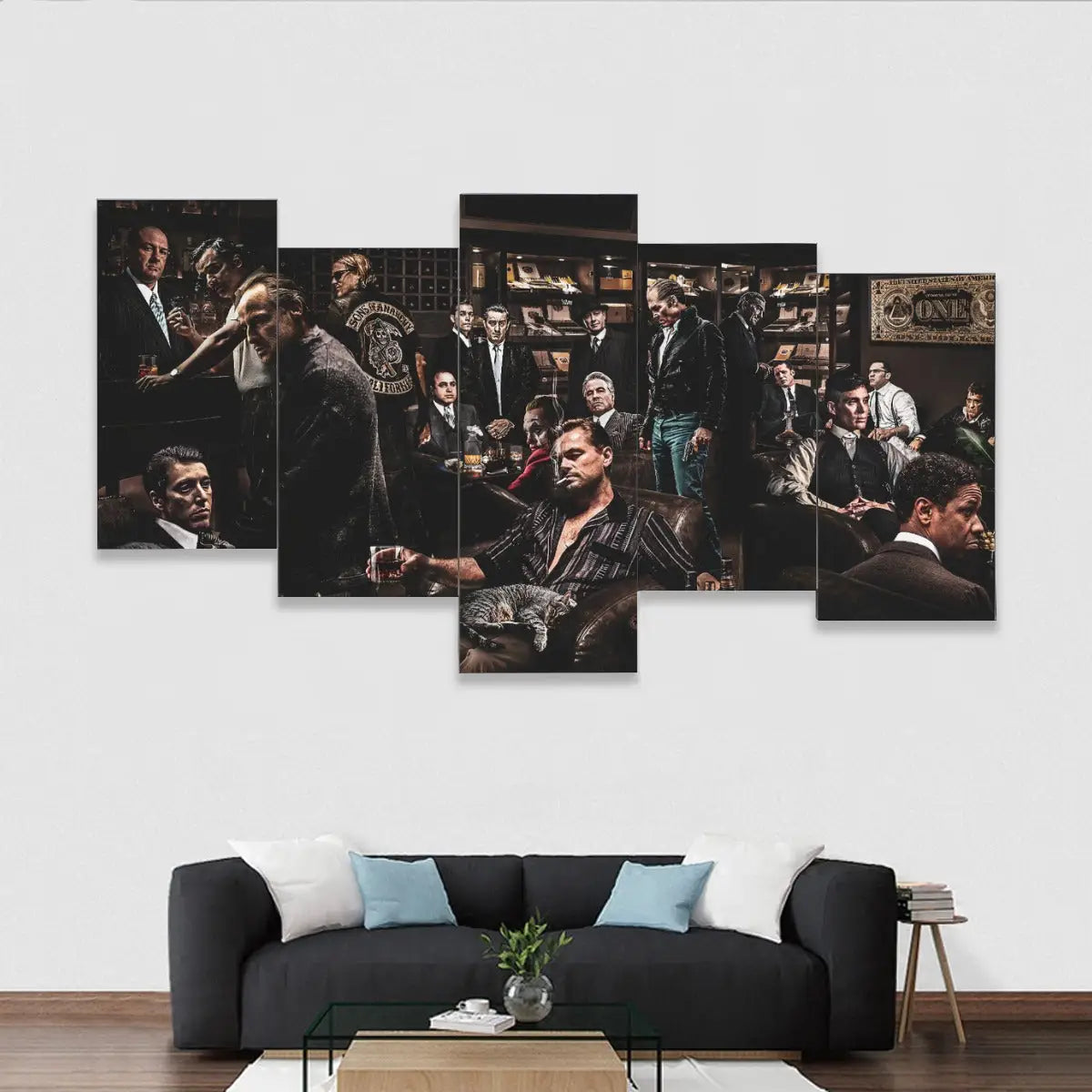 5-piece gangster movie characters canvas wall art featuring Tony Soprano, Don Corleone, and crime cinema legends