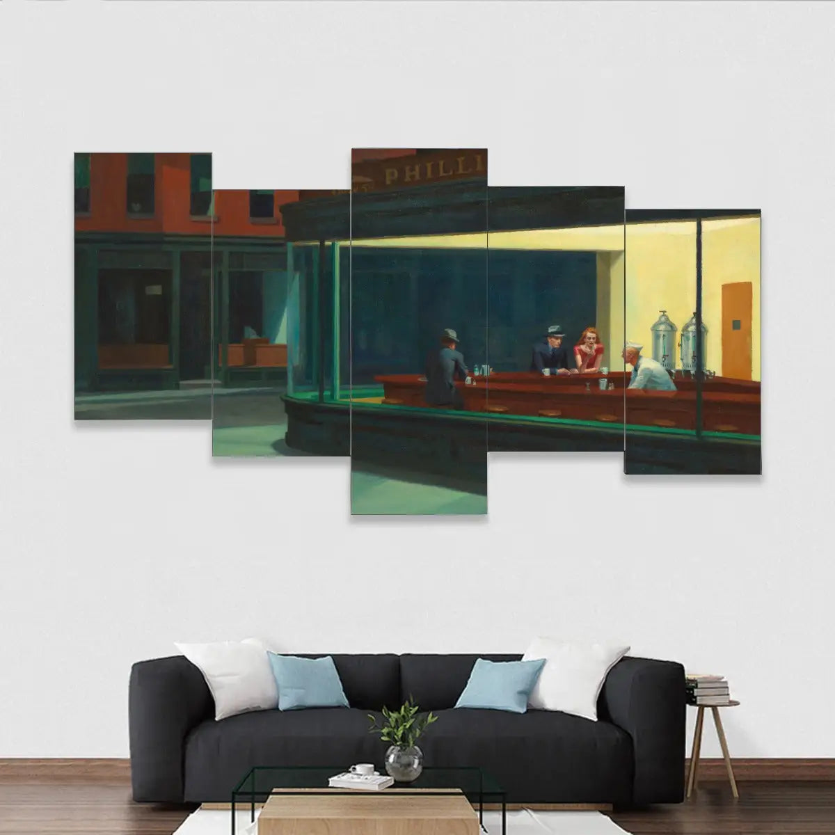 Nighthawks 5-piece canvas wall art showing Edward Hopper's iconic diner scene