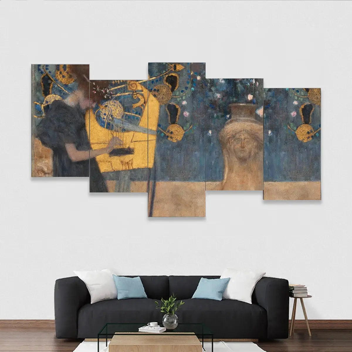 Gustav Klimt Music Five Piece Canvas Set displaying golden sphinx figure against ornate Art Nouveau patterns