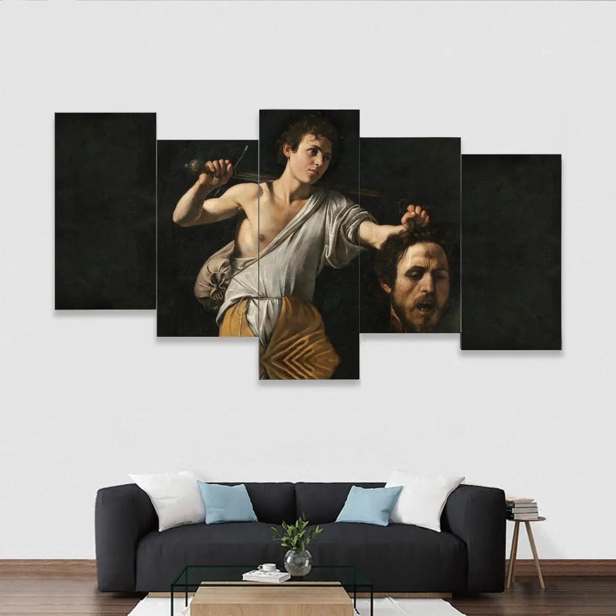 David and Goliath 5-piece canvas mural, Caravaggio reproduction on cotton canvas