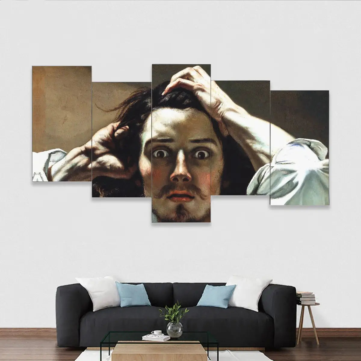 The Desperate Man Five-Piece Canvas Mural displaying Gustave Courbet's famous self-portrait