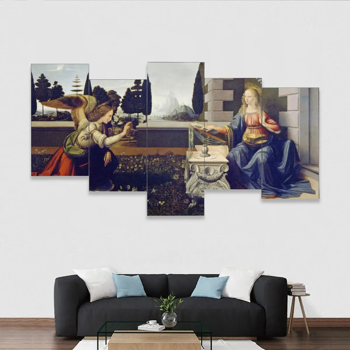 Leonardo da Vinci Annunciation Five-Piece Canvas Set displaying complete artwork in living room setting