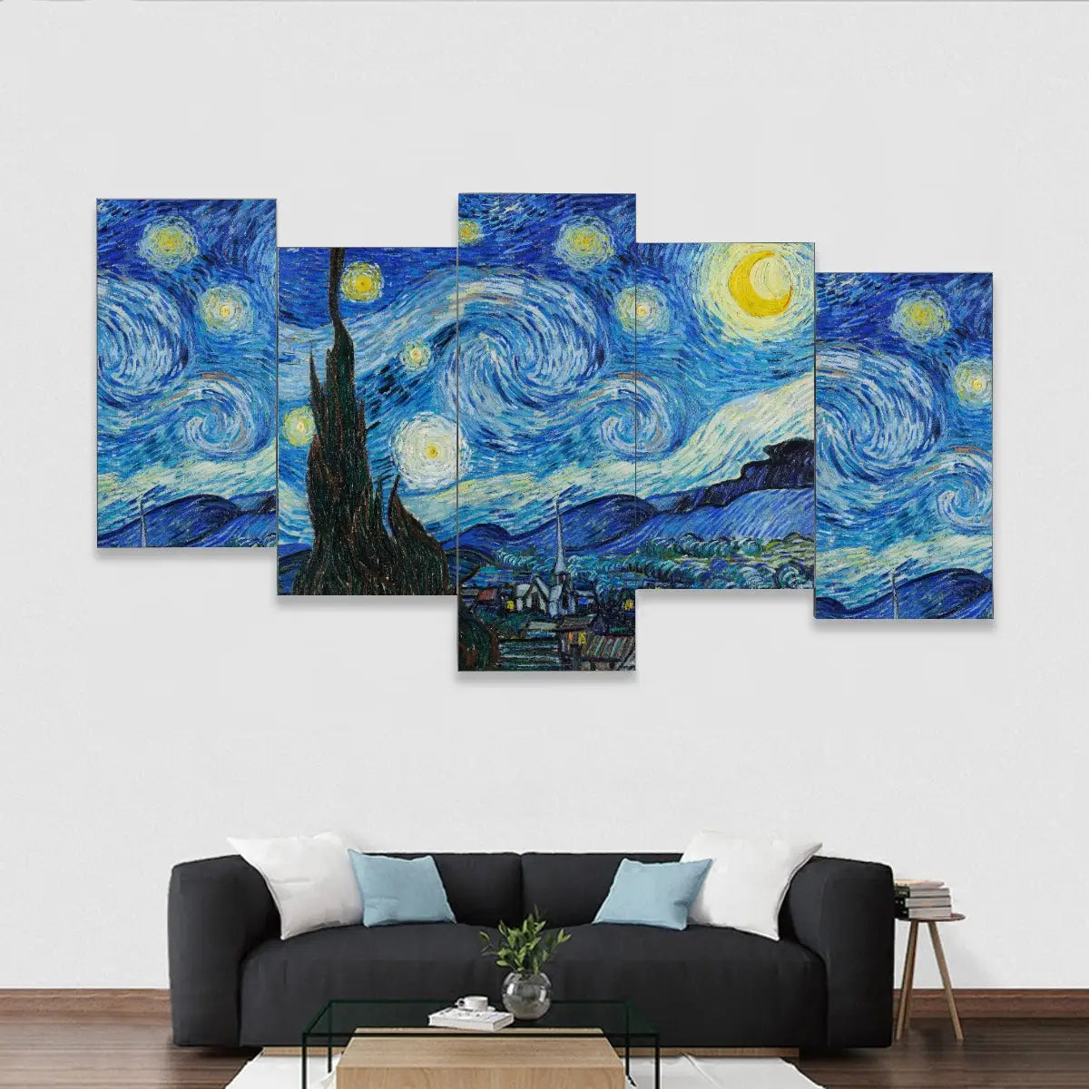 The Starry Night 5-piece canvas mural displaying Van Gogh's masterpiece across framed panels