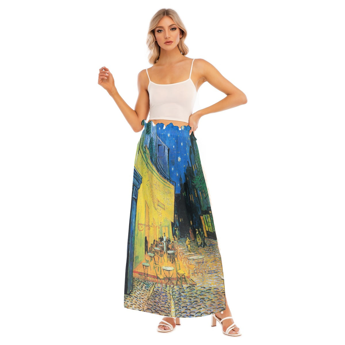Side split skirt featuring Van Gogh's Café Terrace at Night.