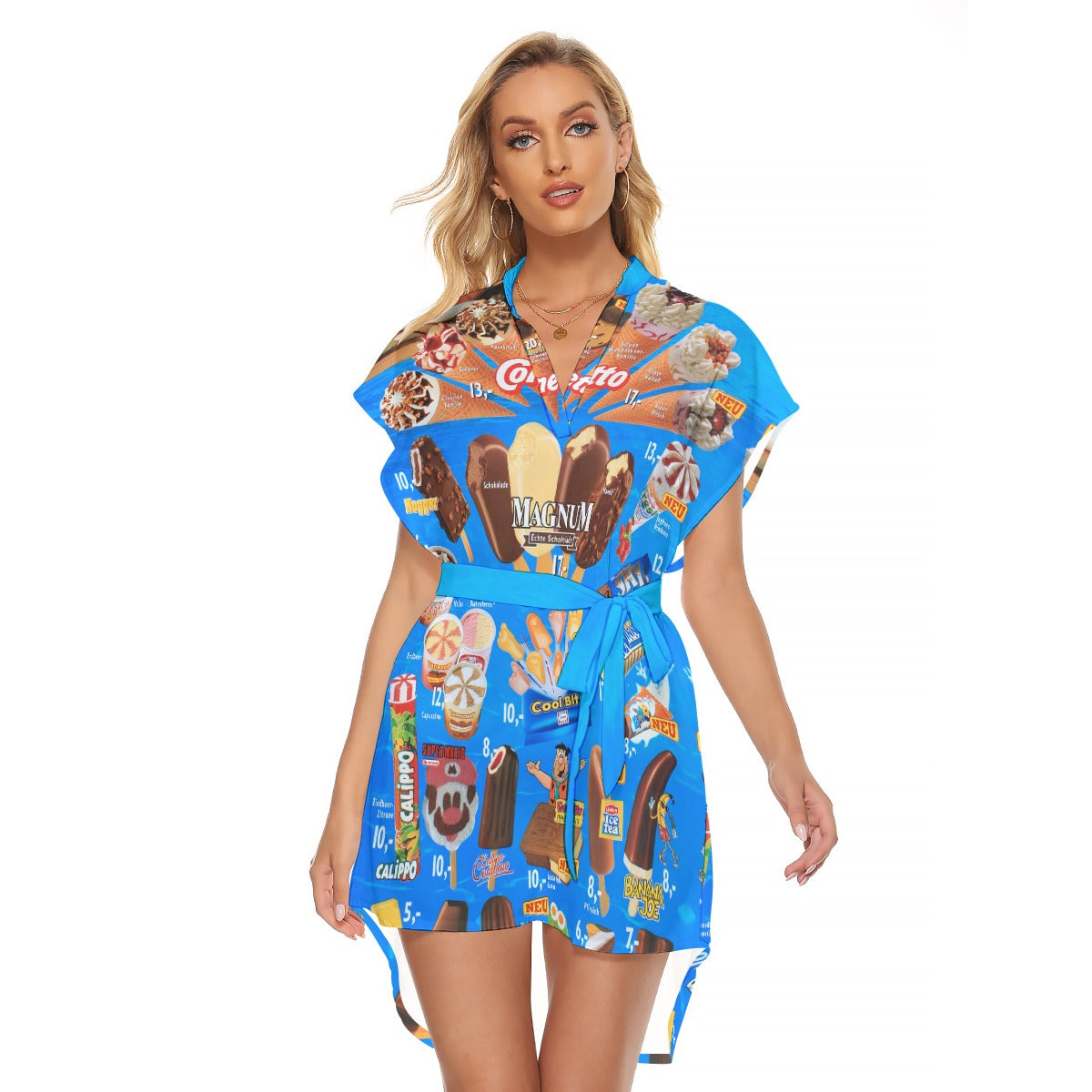 Vibrant tropical floral print dress on a hanger